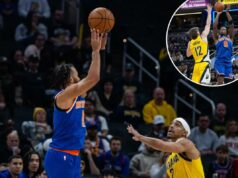 Jalen Brunson e OG Anunoby salvam Knicks da ressaca da Copa da NBA com heroísmo tardio na vitória sobre o Pacers O armador do New York Knicks, Jalen Brunson, chuta a bola enquanto o armador do Indiana Pacers, Andrew Nembhard, defende.