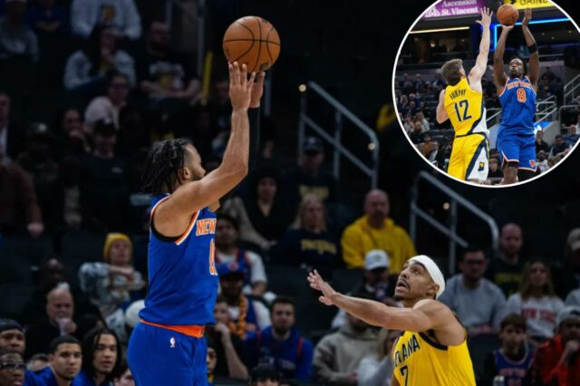 Jalen Brunson e OG Anunoby salvam Knicks da ressaca da O armador do New York Knicks, Jalen Brunson, chuta a bola enquanto o armador do Indiana Pacers, Andrew Nembhard, defende.