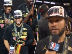 Jalen Brunson exalta o elenco de apoio dos Knicks após a vitória da Copa da NBA: ‘Sem eles, não venceremos esta merda’ Jalen Brunson, nº 11 do New York Knicks, fica todo sorrisos depois de receber o troféu de MVP da Copa da NBA após vencer a Copa da NBA.