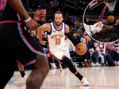 Jalen Brunson faz isso de novo com 47 pontos, o melhor da temporada, enquanto os Knicks ultrapassam o Heat O guarda do New York Knicks, Jalen Brunson, entra na quadra com a bola de basquete.