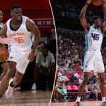 James Nnaji # 46 do New York Knicks dribla a bola durante o jogo contra o Brooklyn Nets durante o jogo da NBA Summer League de 2025 em 15 de julho de 2025 no Pavilion em Las Vegas, Nevada.