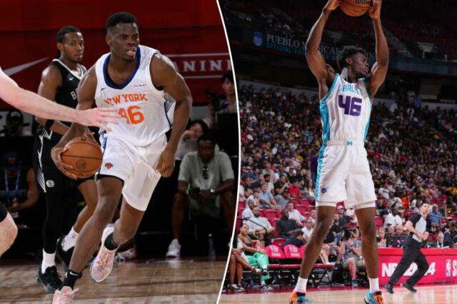 James Nnaji # 46 do New York Knicks dribla a bola durante o jogo contra o Brooklyn Nets durante o jogo da NBA Summer League de 2025 em 15 de julho de 2025 no Pavilion em Las Vegas, Nevada. 