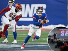 Jaxson Dart, dos Giants, zomba do relatório de observação ‘Hard Knocks’ dos Commanders sobre ele O quarterback Jaxson Dart #6 do New York Giants corre com a bola enquanto é perseguido por um jogador do Washington Commanders.