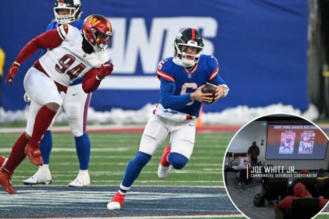 Jaxson Dart, dos Giants, zomba do relatório de observação 'Hard O quarterback Jaxson Dart #6 do New York Giants corre com a bola enquanto é perseguido por um jogador do Washington Commanders.