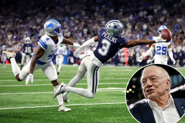 Jerry Jones responde à 'loucura' em torno das críticas à George Pickens nº 3 do Dallas Cowboys lança um passe contra DJ Reed nº 4 do Detroit Lions.