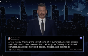 Jimmy Kimmel responde ao discurso ofensivo de Ação de Graças de Trump Jimmy Kimmel responde ao discurso ofensivo de Ação de Graças de Trump