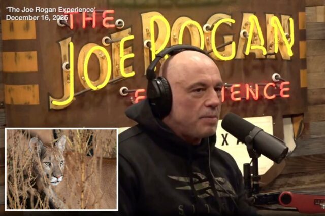 Joe Rogan usando fones de ouvido e um moletom sentado em frente a um letreiro de néon para 