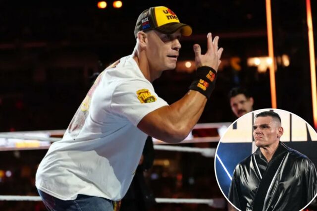 John Cena perde sua última partida na WWE para Gunther John Cena em um ringue de luta livre, vestindo uma camiseta branca e um boné amarelo com “U Can't C Me”.
