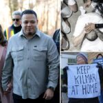 Kilmar Abrego Garcia, sua esposa Jennifer Vasquez Sura e seu advogado Simon Sandoval-Moshenberg chegam ao Tribunal Distrital dos EUA.