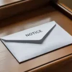 Uma fotografia em close de uma superfície de mesa de madeira limpa com um único envelope branco colocado no centro. O envelope exibe a palavra