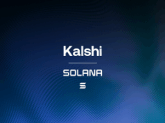 Kalshi apresenta versões de previsão tokenizadas por meio de Solana Fundo gradiente azul escuro, com os logotipos Kalshi e Solana no meio, empilhados um sobre o outro. Kalshi apresenta versões de previsão tokenizadas por meio de Solana