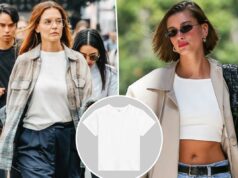 Katie Holmes e Hailey Bieber têm essas camisetas clássicas em comum – e estão com 30% de desconto na Cyber Monday Uma mulher com um top branco canelado de manga curta e uma saia maxi preta.