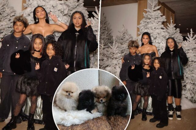 Kim Kardashian é criticada pela PETA por presentear crianças com quatro cachorros no Natal: ‘Filhotes não são peluches’
