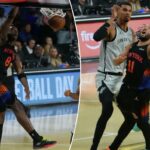 O armador do New York Knicks, Jalen Brunson (11), chuta a bola contra o San Antonio Spurs no segundo tempo durante a final da Emirates NBA Cup na T-Mobile Arena.