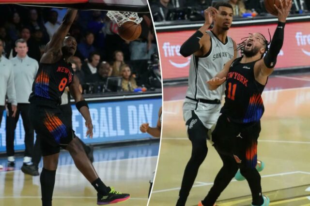 O armador do New York Knicks, Jalen Brunson (11), chuta a bola contra o San Antonio Spurs no segundo tempo durante a final da Emirates NBA Cup na T-Mobile Arena.