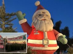 Ladrões roubam Papai Noel inflável de 12 metros de árvore de Natal de propriedade familiar Papai Noel gigante inflável em um lote de árvores de Natal no Arizona.