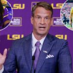 Lane Kiffin falando em sua coletiva de imprensa introdutória como treinador principal da LSU.