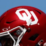 A detail of the Oklahoma Sooners logo on a helmet prior to a game against the Tulane Green Wave