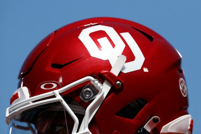A detail of the Oklahoma Sooners logo on a helmet prior to a game against the Tulane Green Wave