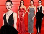 Lily Collins impressiona com um vestido preto extremamente profundo ao se juntar a Minnie Driver e Ashley Park na estreia mundial da quinta série repleta de estrelas Emily In Paris em Paris