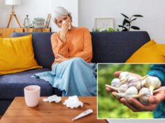 Médico alerta contra tendência viral de combater nariz entupido – o que pode piorar os sintomas Uma mulher madura doente com um resfriado comum assoando o nariz com um lenço de papel enquanto está sentada em um sofá em casa.