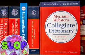 Merriam-Webster resume um infernal 2025 com sua palavra do ano Ilustração da palavra SLOP em letras grandes e coloridas cercadas por imagens de desenhos animados de um porco, uma tartaruga, pilhas sorridentes de fezes e um balde derramando um líquido rosa.