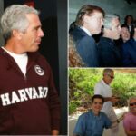 Richard Branson, Jeffrey Epstein e outro homem sob um dossel.