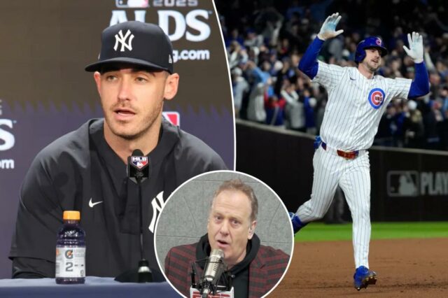 O New York Yankees deixou o defensor Cody Bellinger vestindo um boné e uma jaqueta dos Yankees enquanto falava em uma entrevista coletiva.
