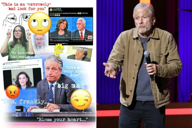Millennial Snot: A maneira bajuladora e paternalista como as elites Colagem de imagens de reação com sobreposições de texto, incluindo Jon Stewart, Kamala Harris, Mike Pence, a governadora de Michigan, Gretchen Whitmer, e vários memes e emojis.