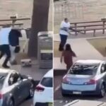 Dois homens num parque ao lado de uma árvore e latas de lixo, com carros estacionados em primeiro plano.