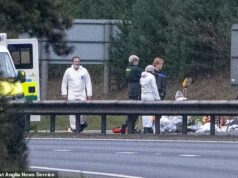 Motorista ‘na casa dos 60 anos’ morto a tiros por policiais armados após acidente de carro ‘apontou a arma para a menina antes de correr por um conjunto habitacional’ Testemunhas disseram que viram o homem brandindo uma arma após a colisão entre um carro e uma van Mercedes em Thetford, Norfolk, às 20h25 de domingo. Imagem da cena