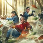 Three young people stand in a magical forest