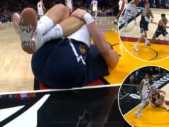 Nikola Jokic, do Nuggets, cai no chão com uma lesão no joelho que parece assustadora Nikola Jokic, do Nuggets, cai no chão com uma lesão no joelho que parece assustadora