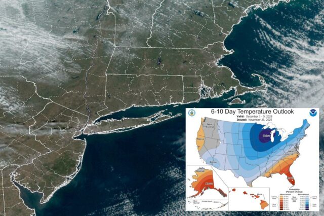 Nordeste deverá ser atingido pelo 'frio mais extremo da Terra' Mapa NOAA de previsão de temperatura de 6 a 10 dias para 1 a 5 de dezembro de 2025, mostrando as temperaturas esperadas nos EUA, Alasca e Havaí.