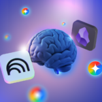 Logotipo da NotebookLM centrado em um fundo verde cercado por caixas de presente cuidadosamente embrulhadas com fitas coloridas.