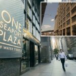 Uma placa do Seaport Plaza e entrada na 199 Water Street, Lower Manhattan.