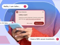 O Android tem um recurso secreto para ajudá-lo a identificar golpes e fraudes – veja como usá-lo Um mascote do Android na tela de um smartphone, cercado por um ícone de escudo de segurança azul e um símbolo de chave flutuante, com um gráfico de alternância de permissão desfocado no fundo