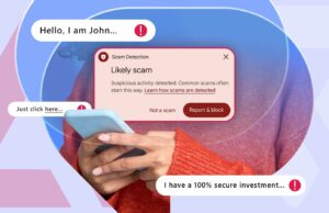 O Android tem um recurso secreto para ajudá-lo a identificar golpes e fraudes – veja como usá-lo Um mascote do Android na tela de um smartphone, cercado por um ícone de escudo de segurança azul e um símbolo de chave flutuante, com um gráfico de alternância de permissão desfocado no fundo