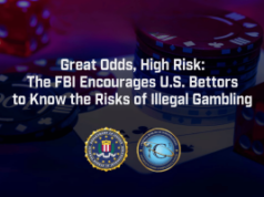 O FBI emitiu um alerta ao público sobre jogos ilegais O FBI emitiu um alerta ao público sobre jogos de azar ilegais. Gráfico promocional mostrando pilhas de fichas e dados de cassino em iluminação roxa escura com o título: 'Grandes probabilidades, alto risco: o FBI incentiva os apostadores dos EUA a conhecerem os riscos do jogo ilegal'. Os selos do FBI e do Departamento de Justiça aparecem na parte inferior.