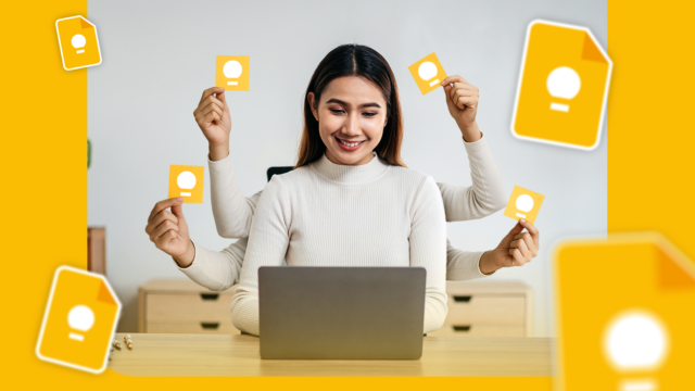 Colagem mostrando mãos segurando um smartphone, conectadas a listas de verificação flutuantes do Google Keep, notas e etiquetas coloridas contra um fundo amarelo.