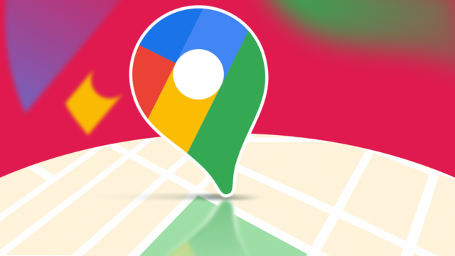 Ilustração da tela de um smartphone exibindo o logotipo do Google Maps junto com ícones de lugares salvos, horários populares, linha do tempo do Maps e um botão 