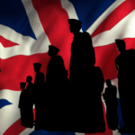 O MOD do Reino Unido está desenvolvendo uma nova política que se concentra na redução dos danos do jogo para veteranos e membros em serviço. Silhuetas de militares britânicos em frente a uma grande bandeira Union Jack, simbolizando as forças armadas e os veteranos do Reino Unido.