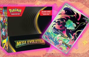 O Pokémon TCG Mega Evolution Enhanced Booster Box é $ 29,99 mais barato no TCGplayer vs. Mega Charizard X ex SIR e Mega Lucario Gold Hyper Rare em um fundo azul e roxo