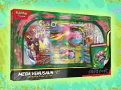 O Pokémon TCG Mega Venusaur ex Premium Collection é mais de US$ 30 mais barato no TCGplayer vs. Ex Mewtwo da Equipe Rocket em um fundo estampado roxo