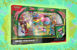 O Pokémon TCG Mega Venusaur ex Premium Collection é mais de US$ 30 mais barato no TCGplayer vs. Ex Mewtwo da Equipe Rocket em um fundo estampado roxo