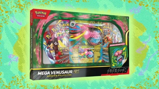 O Pokémon TCG Mega Venusaur ex Premium Collection é mais Ex Mewtwo da Equipe Rocket em um fundo estampado roxo
