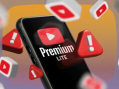 O YouTube Premium Lite não é o que as pessoas pensam que serve Um telefone exibindo o logotipo do YouTube Premium Lite na tela, cercado por sinais de alerta e ícones do YouTube.