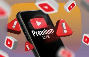 O YouTube Premium Lite não é o que as pessoas pensam que serve Um telefone exibindo o logotipo do YouTube Premium Lite na tela, cercado por sinais de alerta e ícones do YouTube.