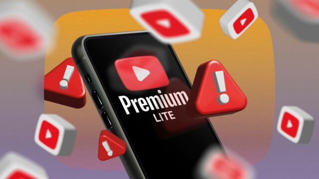 Um telefone exibindo o logotipo do YouTube Premium Lite na tela, cercado por sinais de alerta e ícones do YouTube.