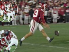 O apostador de Oklahoma esquece como fazer seu trabalho no momento selvagem do CFP que desencadeou o comício no Alabama O atacante defensivo do Alabama, Tim Keenan III (96), bloqueia um chute do chutador de Oklahoma Grayson Miller (43) durante um jogo de futebol.